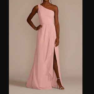 Davids Bridal chiffon one-shoulder bridesmaid dress with cascade Ballet Pink 6